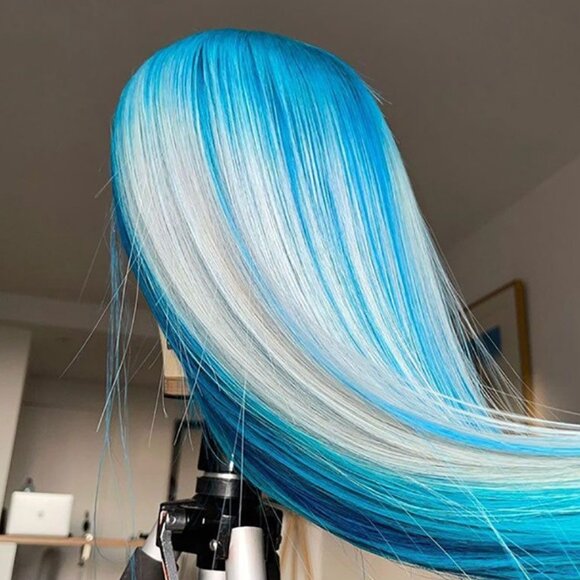 Blue and White Lace Front Wig Virgin Human Hair Custom Color Wig